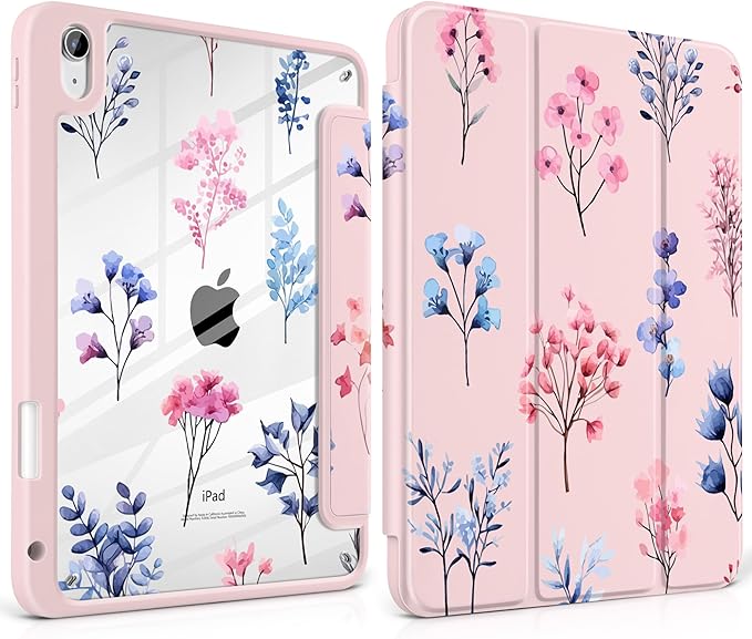 Case for iPad Air 13 inch 2026 M4 2025 M3 2024 M2 Release Slim Shockproof Cute Light Pink Cover with Clear Back TPU Edge Pencil Holder Trifold Stand Auto Wake Sleep, Hand-Drawn Florals