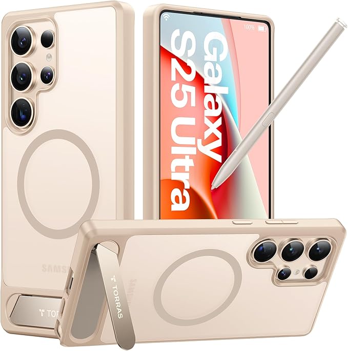 TORRAS Strong Magnetic & Seamless Stand for Samsung Galaxy S25 Ultra Case, Fit for MagSafe, Mil-Grade Drop Protection, Kickstand for Samsung Galaxy S25 Ultra Case, Translucent Back/Gold Edge