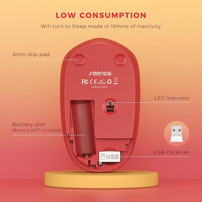 seenda Wireless Mouse for Laptop, 2.4G Noiseless Mouse with USB Receiver - Optical Tracking Portable Computer Mice for Chromebook, PC, Tablet, Windows System, 24 Months Battery Life - Gradient Red
