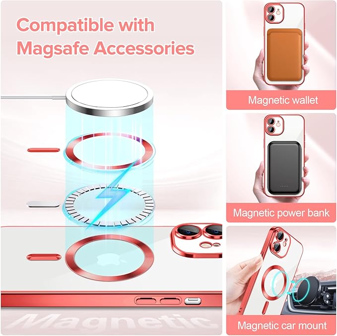 Hython Magnetic Clear for iPhone 12 Case with Camera Lens Protector [Compatible with MagSafe] Luxury Plating Edge Slim Soft TPU Cover Protective Phone Case for iPhone 12 6.1", Red