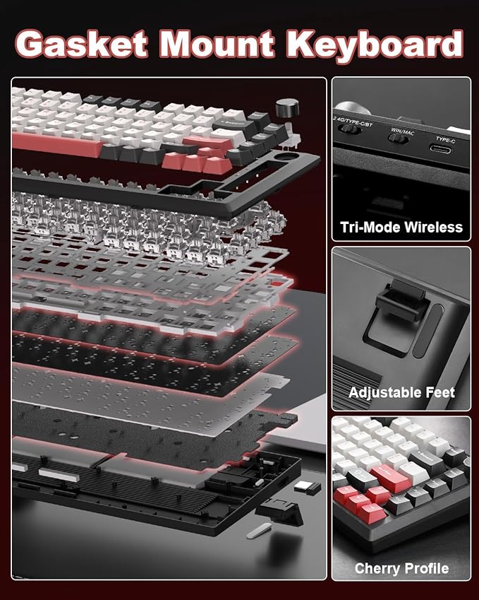 Y75 Wireless Mechanical Keyboard,75% Hot Swappable Custom Keyboard with Knob,RGB Backlit, PBT Keycaps,2.4GHz/USB-C/BT5.0 Mechanical Gaming Keyboards(Black&Red,Milk Switch)