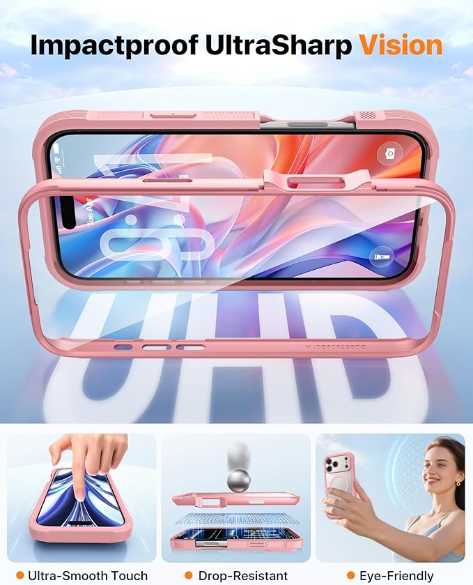Diaclara Magnetic Designed for iPhone 17 Pro Max Case Full Body Bumper,[Compatible with MagSafe] Military Drop Proof Cover with Built-in Touch Sensitive Anti-Scratch Screen Protector,Pink