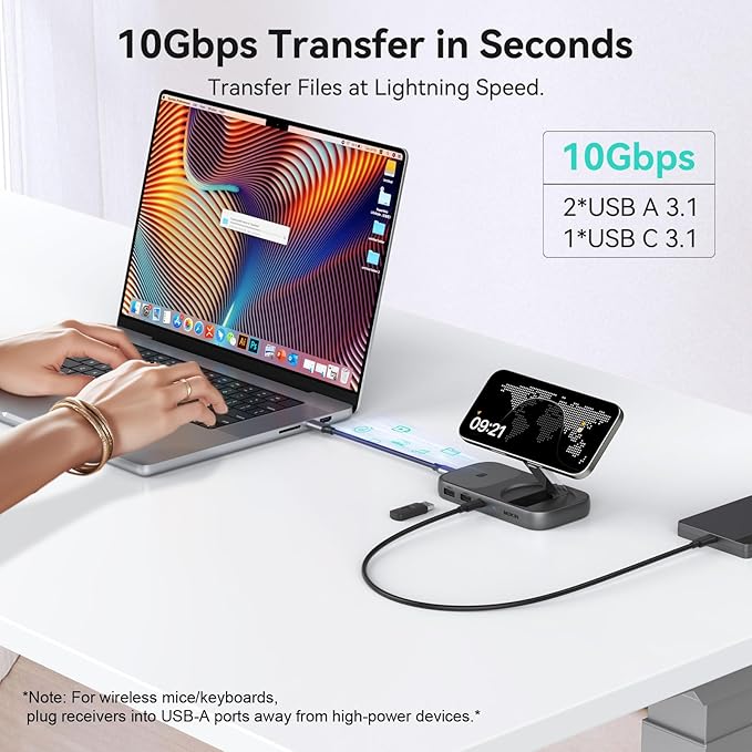 MOKiN USB C Hub 15W Wireless Charger, Qi2 Certified Magsafe Charging Stand with 4K@60Hz HDMI, 100W PD, 10Gbps USB C/A, and 5W Charging Pad, Laptop Docking Station for MacBook/Windows