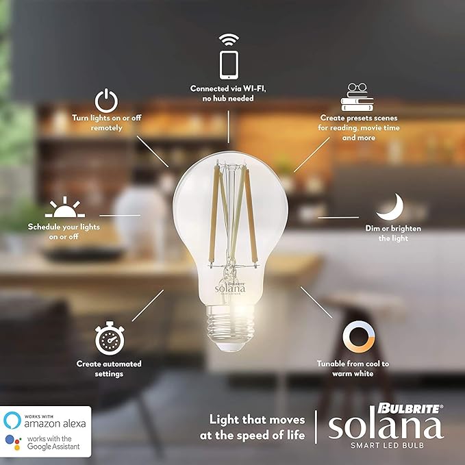 Bulbrite Solana 2-Pack A19 WiFi Connected Edison Filament LED Smart Light Bulb, Clear