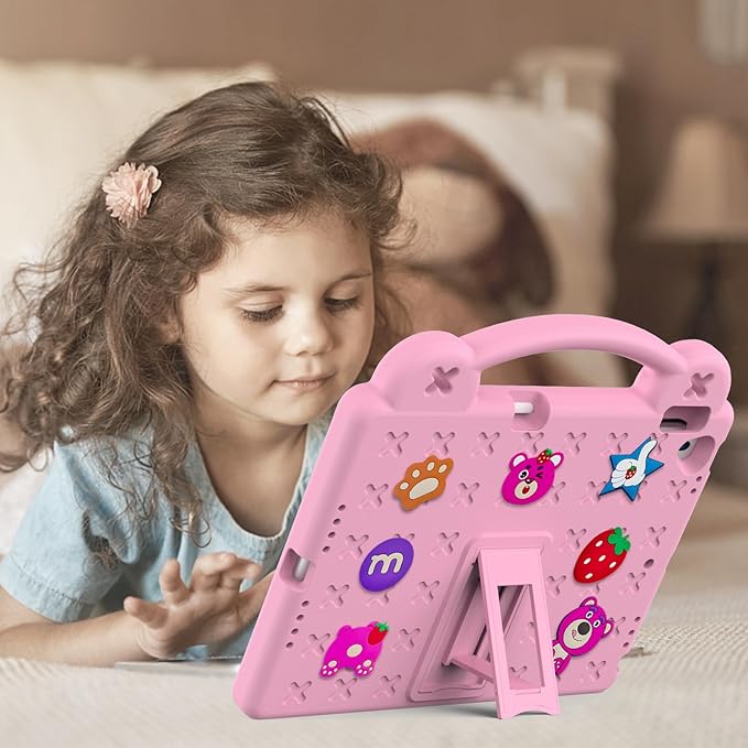 Dteck for iPad 9th/8th/7th Generation 10.2" Kids Case,Strawberry Panda Shockproof Rugged Lightweight Convertible Handles Stand Kids Friendly Case with Pencil Holder for iPad 10.2" 2021/2020/2019,Pink