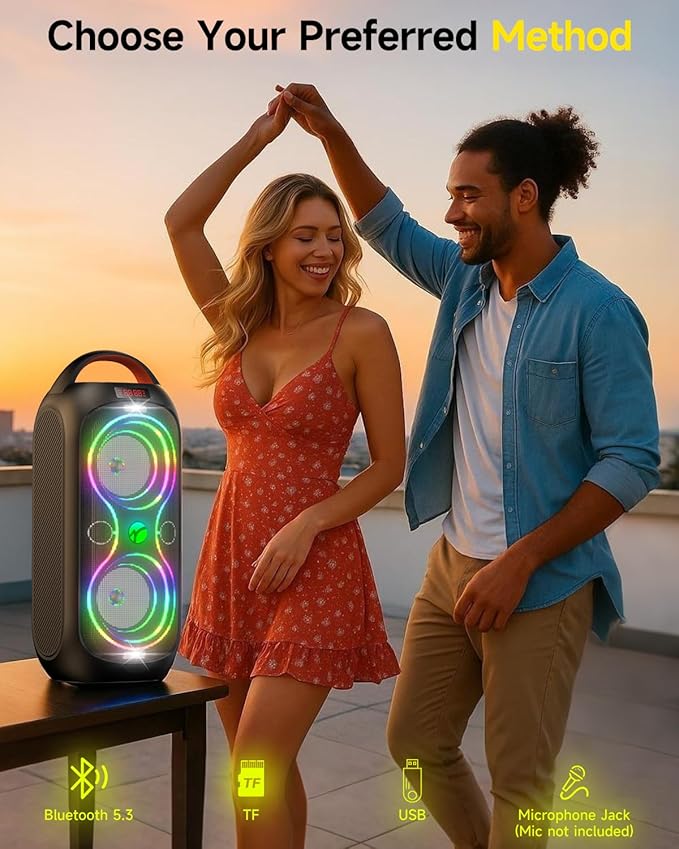 Party Bluetooth Speaker: 60W Peak Power, Deep Bass Dual Woofers, 12H Battery, RGB Lights, TWS, FM Radio, AUX/USB/Mic Input | for Indoor & Outdoor-Updated