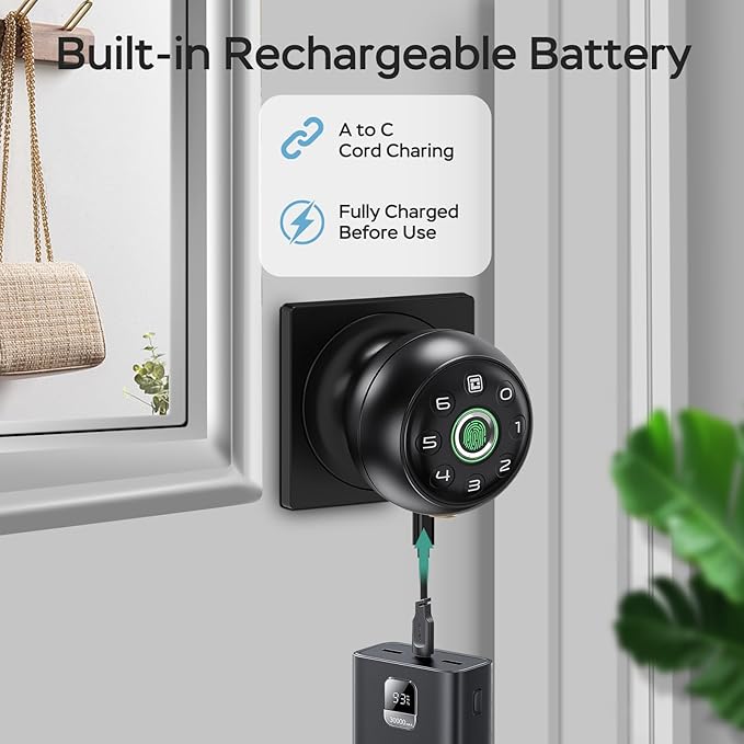 GeekTale Fingerprint Door Lock for Bedrooms, Fingerprint Door Knob with Lock, Smart Door Lock, App Control, Back-up Keys, Thumbprint Door Knob for Bedrooms, Office, Apartment