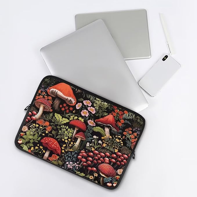 Mushroom Laptop Protective Sleeve for Women Men 12 inch Flower Computer Sleeve Neoprene Laptop Bag Lightweight Lap Top Case Suitable for Travel School Office Organizers Black