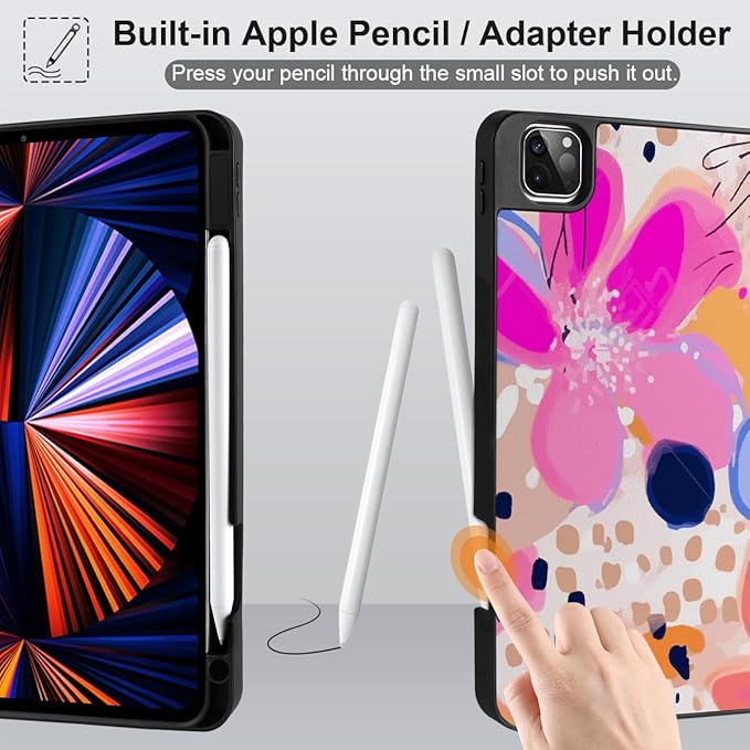 DONGKE Case for 2022/2021/2020/2018 iPad Pro 11 inch Gen 4/3/2/1 - Slim Protective Case - Built in Pencil Holder Support Charging - Trifold Stand & Sleep/Wake Cover - Floral Artistic