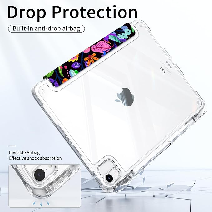 for ipad air 11 inch M2/M3 Case 2024/2025, ipad air 5th/4th Generation Case 10.9, ipad Pro 11 Cover 4th/3th/2th/1st, Trifold Stand with Pencil Holder, Slim Clear Cover, Leaf Floral