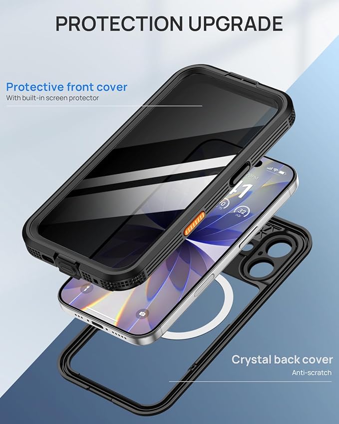 Lanhiem Magnetic for iPhone 17 Case, Built-in Privacy Screen Protector, IP68 Waterproof Dustproof Case, Compatible with MagSafe, Anti-Spy Full Body Phone Case for iPhone 17 6.3", Black