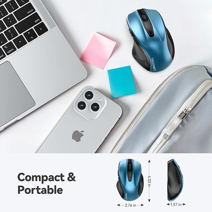 TECKNET Wireless Mouse, 2.4G Ergonomic Optical Mouse, Computer Mouse for Laptop, PC, Computer, Chromebook, Notebook, 6 Buttons, 24 Months Battery Life, 2600 DPI, 5 Adjustment Levels - Azure
