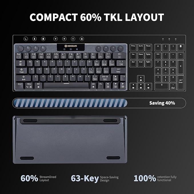 Hexgears A1 Low Profile Wireless Mechanical Keyboard - 60% Compact TKL, Bluetooth 5.0/2.4GHz/Wired USB C Hot Swappable Clicky Switch, RGB Backlit Mini Portable Gaming Keyboard Aluminum for PC/MAC