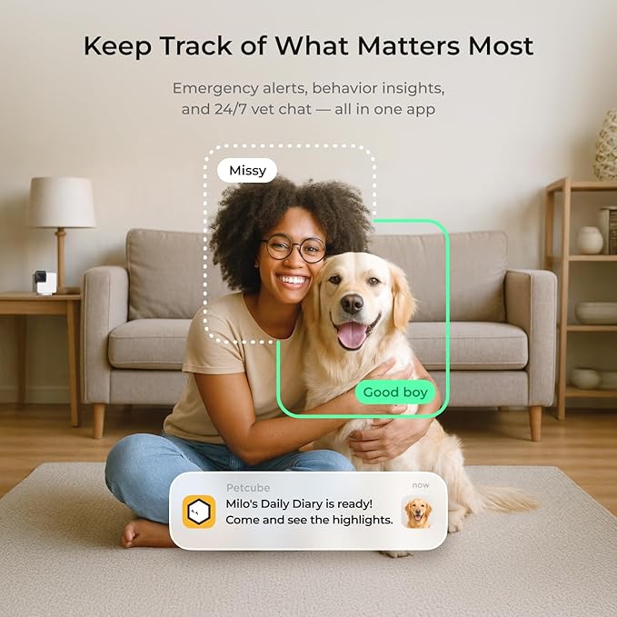Petcube Cam 360 Camera Interactive WiFi Pet and Home Security Pan-Tilt Camera with Phone App, 1080p HD Video, 360° Rotation, Night Vision, AI Alerts
