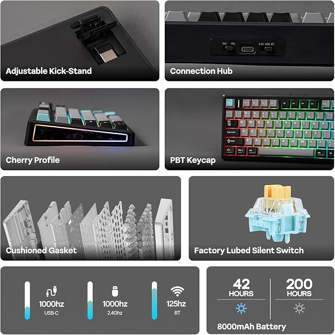 EPOMAKER TH80 V2 75% Wireless Mechanical Keyboard with Metal Knob, 8000mAh, 2.4Ghz/BT/USB-C, RGB, Hot Swap, Custom Driver, PBT Keycap, Wireless Gaming Keyboard for PC/Mac (Black, Sea Salt Silent)