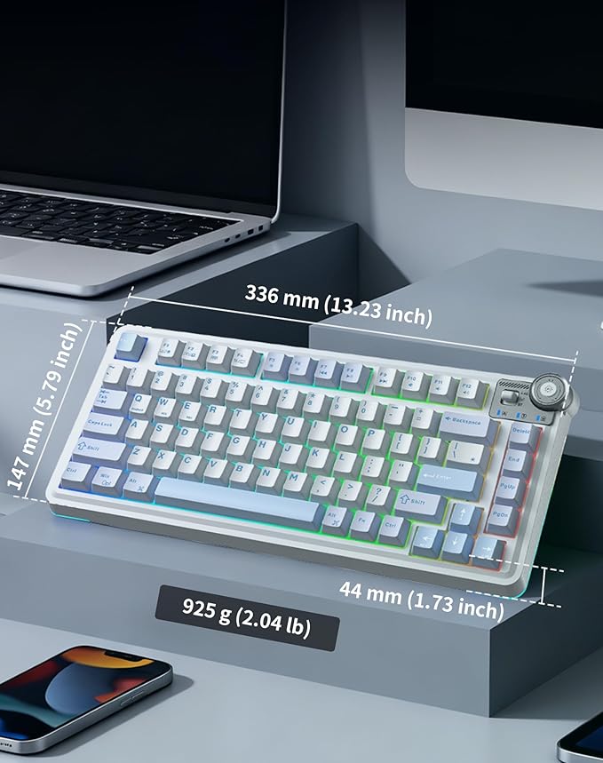 Aula AU75 Wireless Mechanical Keyboard, Hot Swap Gasket Gaming Keyboard with Knob, BT/2.4G/Wired Custom Keyboard, 4000mAh Battery, 75% Five-Layer Padding PBT Keycaps, RGB Side-Strip for Win/Mac/PC
