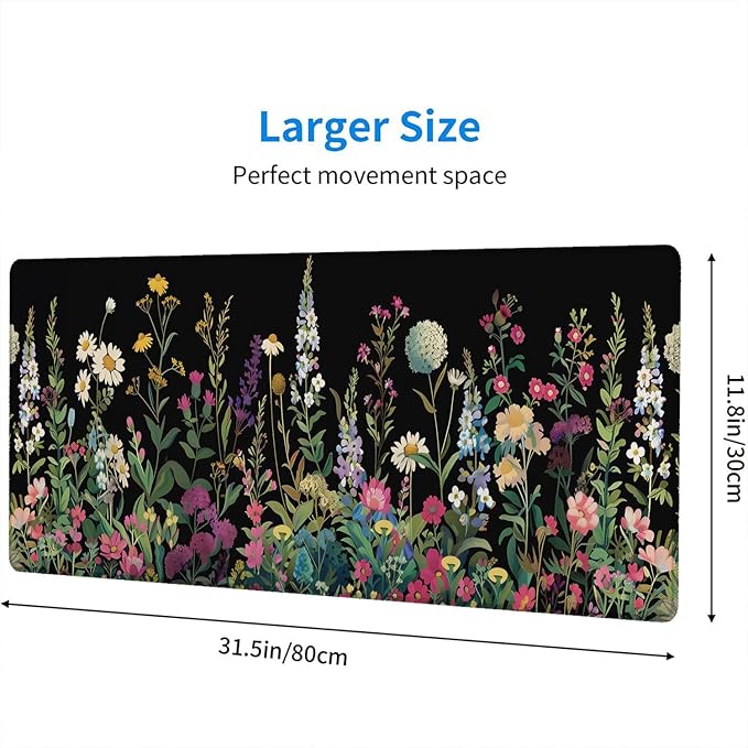 Floral Desk Mat Cute Plant Wildflowers Flowers Large Gaming Mouse Mat with Stitched Edges,Non-Slip Waterproof Rubber Base Mous Mat 31.5"x11.8" Office Computer Keyboard Laptop Home