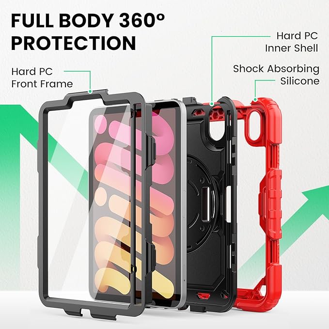 SEYMAC Kids Case for iPad mini 7 (A17 Pro) 2024/ Mini 6 8.3″, Full-Body Shockproof Protective Case with Screen Protector, Rotating Stand, Hand/Shoulder Strap for iPad mini 7th/ 6th Generation, Red