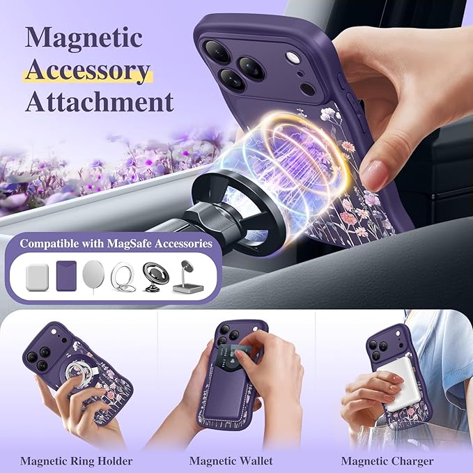 GVIEWIN for iPhone 17 Pro Max Case Compatible with MagSafe [Curly Wave Edge][Full Camera Protection] Floral Translucent Shockproof Magnetic Women Phone Case for 17 Pro Max, Floratopia/Deep Purple