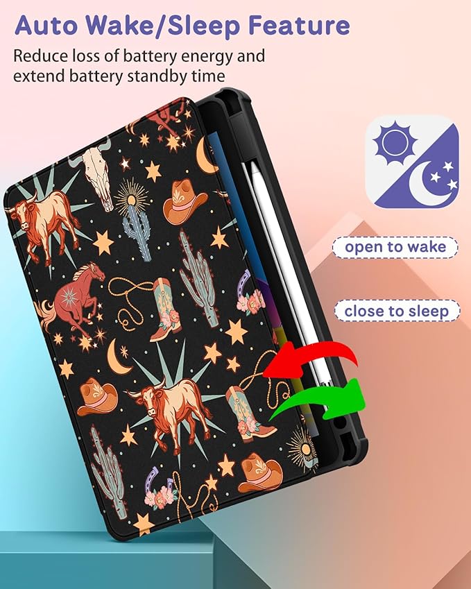Uppuppy for iPad A16 Case for iPad 10th Generation Case 10.9 inch - 360 Degree Rotating Stand Folio Smart Cover with Pencil Holder for Women Girls, Western Cowboy for Apple Tablet 10th 2022/11th 2025