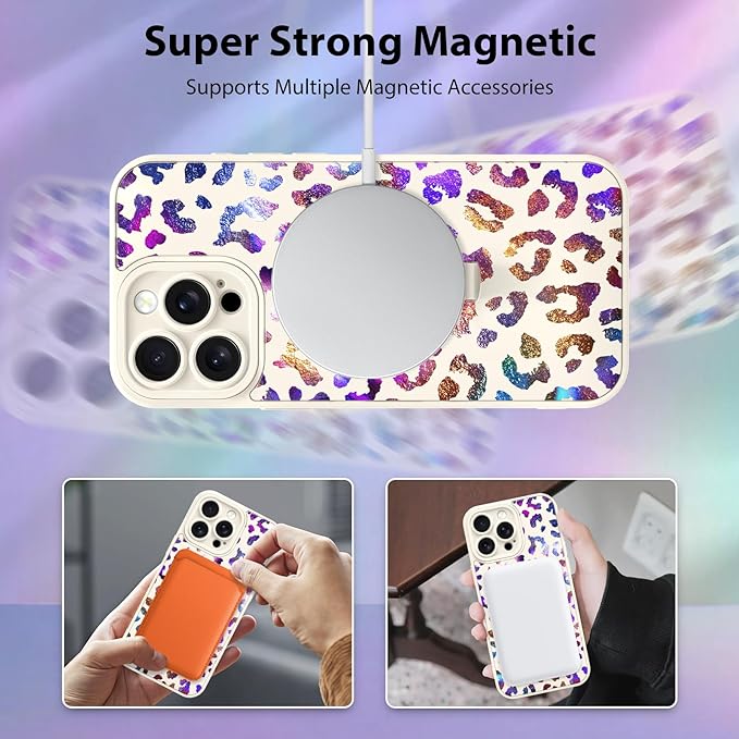 KANGHAR Compatible with iPhone 15 Pro Max Case, Support for MagSafe, Silicone Cute Iridescent Leopard Cheetah Pattern, Wristband Kickstand Shockproof Protective Slim Cover for Women Girls, White