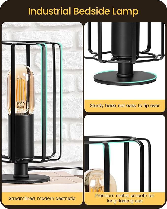 Industrial Small Table Lamp, Small Bedside Lamp with Dimmable 2400K Warm Light LED Bulb, Vintage Desk Lamp, Black Nightstand Lamp for Bedroom, Study, Office, Small Space, B05TL05