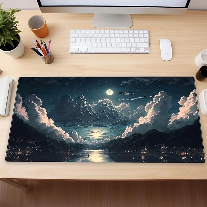 Anime Aesthetic Desk Mat - Large Gaming Mouse Pad XXL (31.5 x 15.7 in) - Extended Full Moon Cloud Keyboard Pad with Stitched Edges, Non-Slip Base for Home Office & Gaming Setup