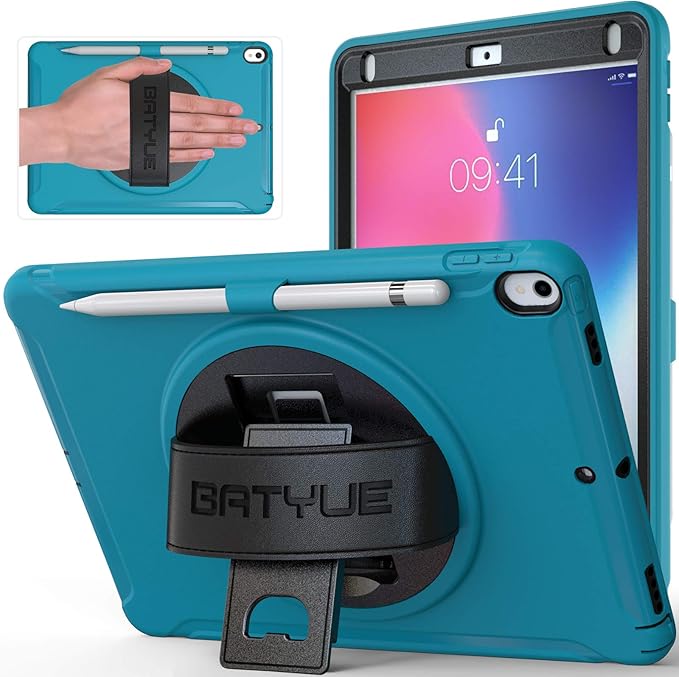 BATYUE case for iPad Air 3rd Gen 2019 & iPad Pro 10.5" 2017, Heavy Duty Rugged Protective Cover with 360° Swivel Stand, Leather Hand Strap & Pencil Holder - for Business, Outdoor, Sales Reps - Light