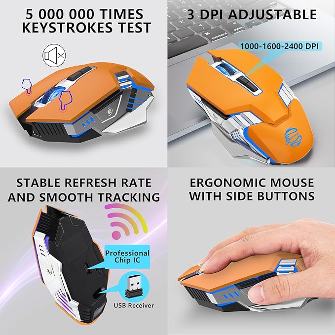 Bluetooth Gaming Mouse, RGB Rechargeable USB Wireless Mouse, Quiet Click, LED Backlit, Ergonomic, with Side Button, 6 Button, DPI Adjustable, Computer Mice for Laptop PC MacBook Chromebook - Orange