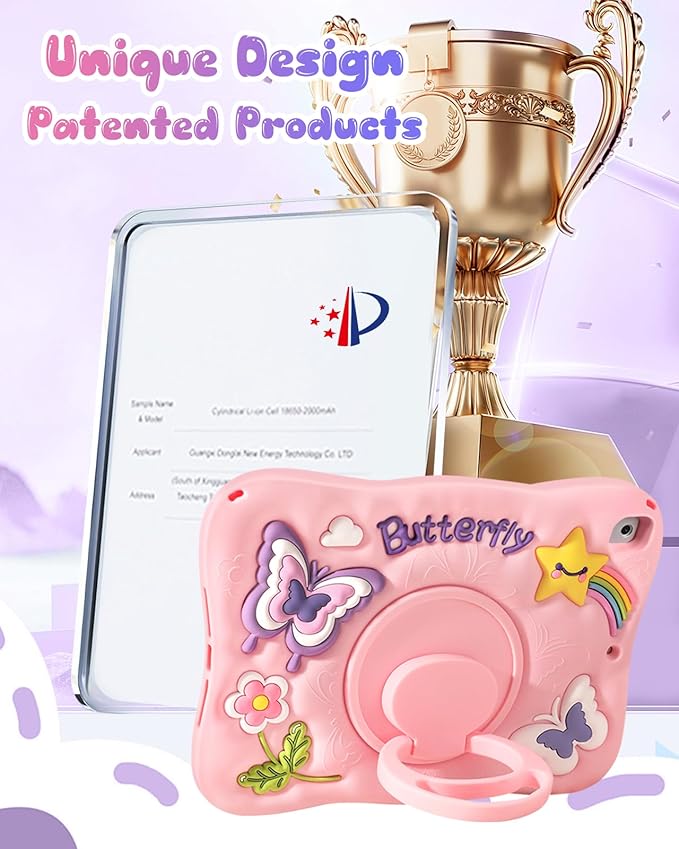 Kidcube for iPad 5th/6th Generation Case, for iPad Air 1st/2nd Gen, for iPad Pro 9.7 Inch Case - Girls Cute Girly Kawaii 3D Butterfly Design Cover with Rotating Stand & Strap Silicone Teen Women Cases
