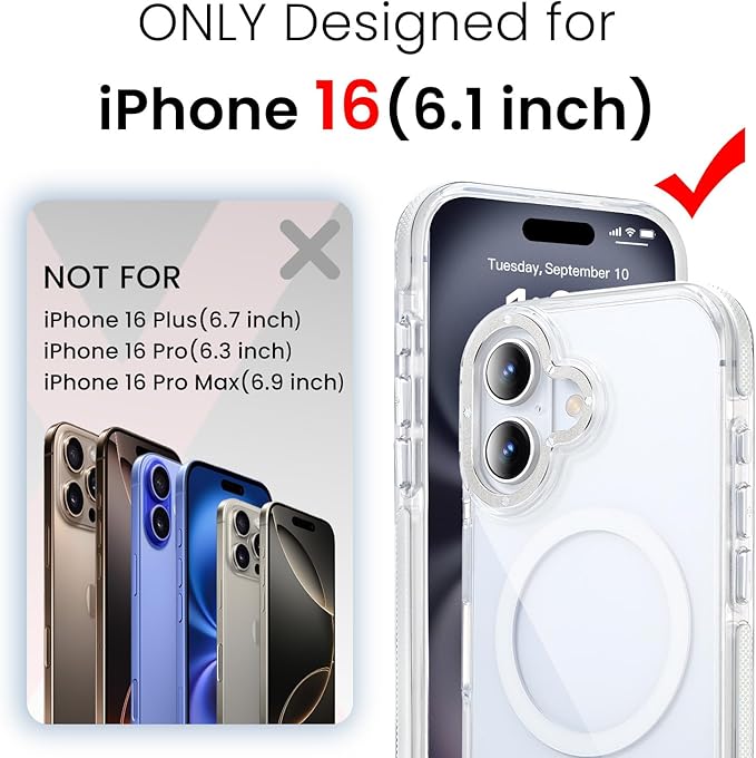 toushion 3 in 1 for iPhone 16 Case Clear with MagSafe, Yellowing-Resistant Acrylic Back, Shockproof Guard Corners, Military-Grade Protection for iPhone 16 Phone Case 6.1 inch Clear Bumper