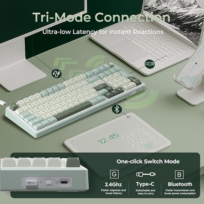 RK ROYAL KLUDGE R98 Pro Wireless Mechanical Keyboard, Creamy Bluetooth/2.4GHz/Wired RGB Gaming Keyboard with Number Pad and Knob, MDA Profile PBT Keycaps, Gasket Hot Swappable Tactile Switch, Green