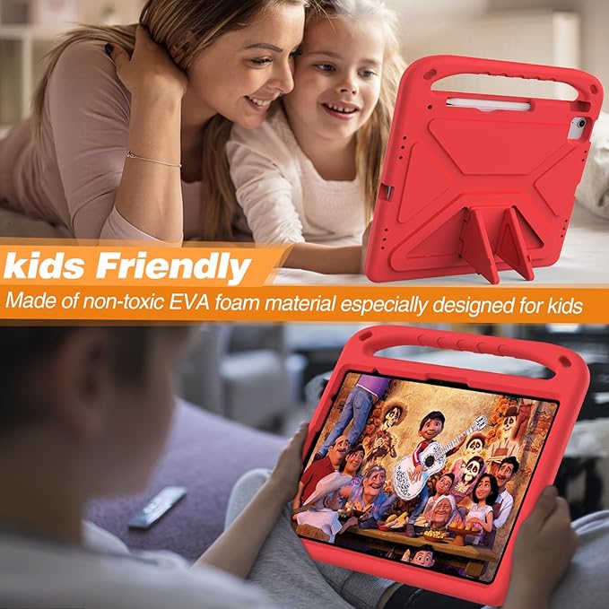 Kids Case for Apple iPad Air 13 inch Tablet M4/M3/M2 (2026/2025/2024) with Pencil Holder, Anti-Slip Handle Slim Lightweight Stand Shockproof Soft EVA Protective Silicone Bumper Cover, Red