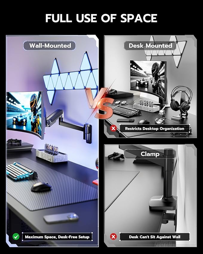 ARES WING Monitor Wall Mount for 24-57 Inch Ultrawide Gaming Screens, Premium Heavy Duty Monitor Arm Holds 60 lbs, Full Motion Gas Spring, Bearing Head for Easy Adjustment, 75/100 VESA Mount, Black