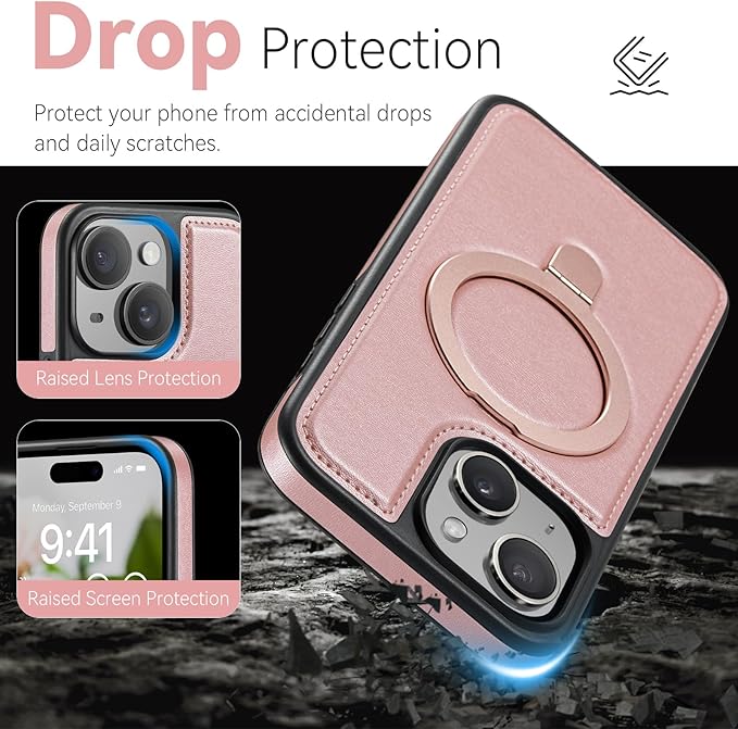 for iPhone 14 Case with Stand Compatible with Magsafe Slim Leather & Durable TPU Drop Proof Magnetic Kickstand Protective Phone Cover with Tempered Glass Screen Protector 6.1", Rose Gold