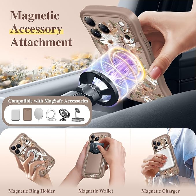 GVIEWIN for iPhone 17 Pro Max Case Compatible with MagSafe [Curly Wave Edge][Full Camera Protection] Floral Translucent Shockproof Magnetic Women Phone Case for 17 Pro Max, Dogwood/Brown