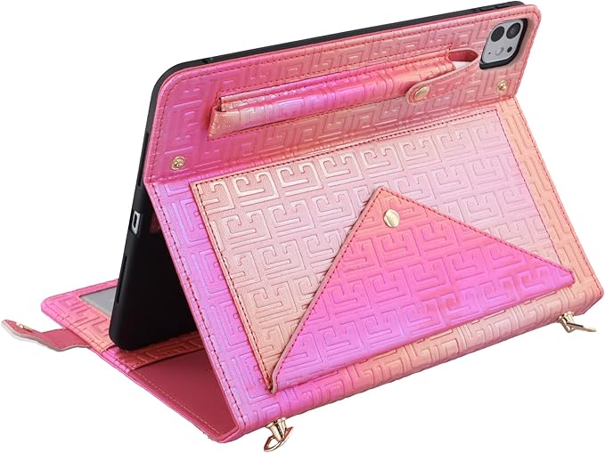 Shiny Case for iPad Pro 12.9" 6th/5th/4th Gen & iPad Air 13-inch Handbag w/Hand Strap, Techcircle Crossbody Iridescent Folio Stand Wallet Case w/Pencil Holder+Shoulder Strap, Shiny Rose Pink