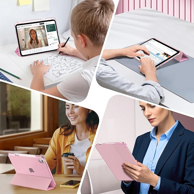 MoKo for iPad Air 11 inch Case (M4/M3/M2) 2026/2025/2024, iPad Air 5th/4th Gen 10.9 inch Case 2022/2020 with Pencil Holder, Slim Light Trifold Cover with Hard PC Translucent Back Shell, Pink