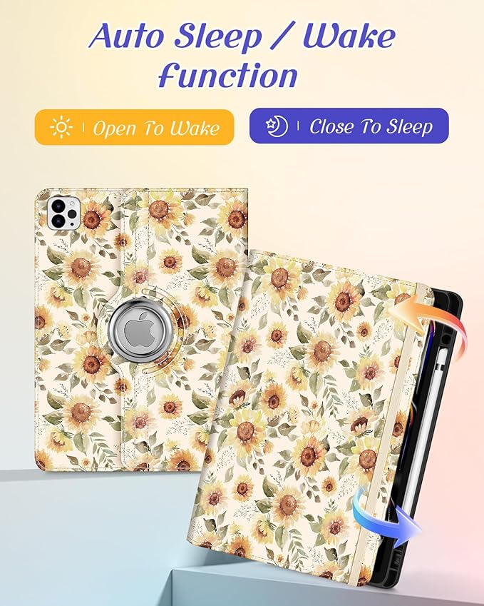 Kidcube for iPad Pro 13 Inch Case M4 2024 - Women Girls Cute Rotating Stand Folio Cover with Pencil Holder & Card Slot Girly Pretty Sunflower Design for iPad Pro 13 Inch Case 2024 (A2925 A2926 A3007)