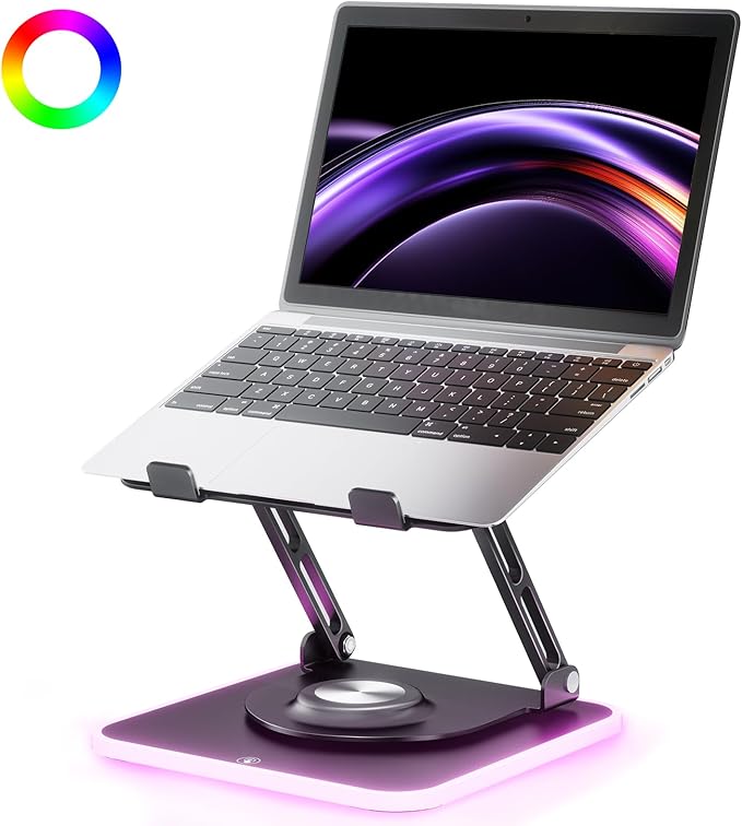 JOYEKY Adjustable Laptop Stand with RGB Lighting,Aluminum Ergonomic Computer Stand with 360° Rotating Base,Foldable & Portable Laptop Riser, Suitable for All 10-16” Laptops