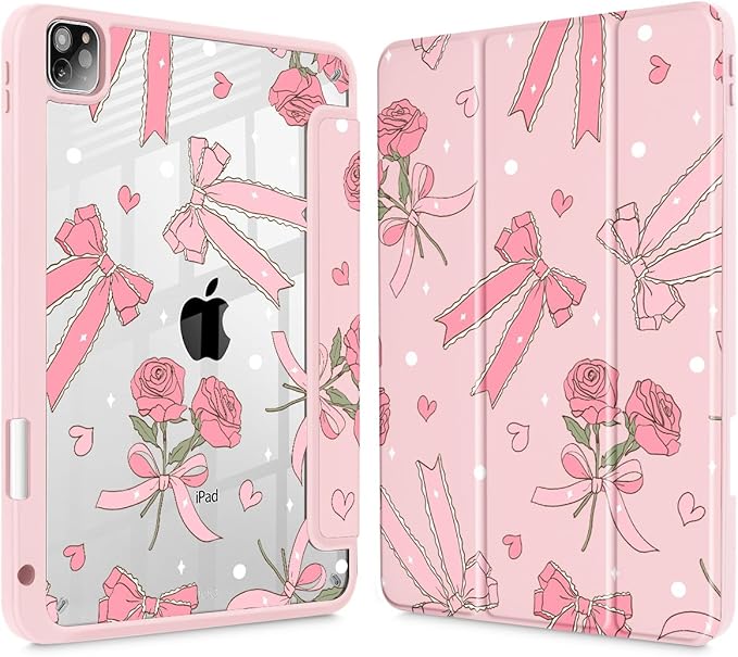 Tuiklol for iPad Pro 11 Inch 4th / 3rd / 2nd / 1st Gen (2022 2021 2020 2018) Case -Built-in Pencil Holder Shockproof Cover Clear Transparent Back Shell with Auto Wake/Sleep, Bow & Rose