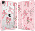 Tuiklol for iPad Pro 11 Inch 4th / 3rd / 2nd / 1st Gen (2022 2021 2020 2018) Case -Built-in Pencil Holder Shockproof Cover Clear Transparent Back Shell with Auto Wake/Sleep, Bow & Rose