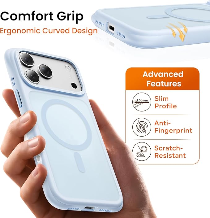 ORNARTO Magnetic for iPhone 17 Pro Max Case, 20FT Military-Grade Drop Protection, Compatible with MagSafe, Slim Shockproof Translucent Matte Phone Case for iPhone 17 Pro Max 6.9", Baby Blue