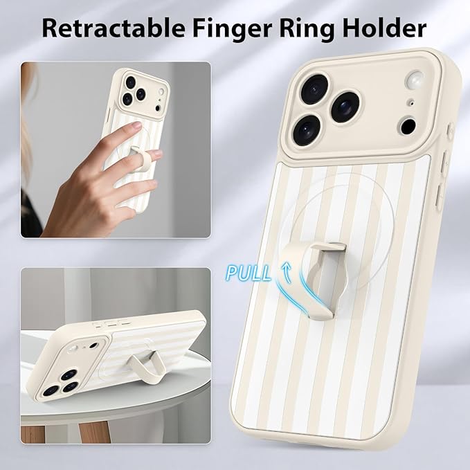 KANGHAR Compatible with iPhone 17 Pro Case, Support for MagSafe, Silicone Stripes Cute Pattern, Wristband Kickstand Camera Protection Soft Slim Cover for Girls Women -White