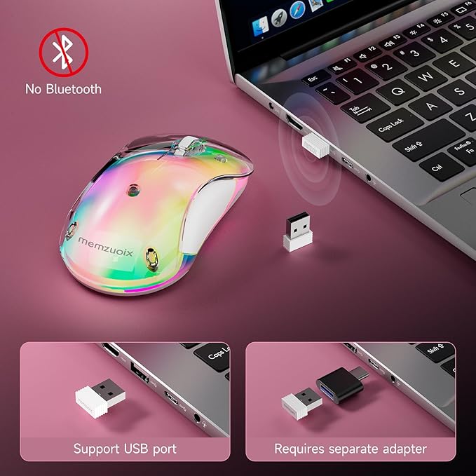 memzuoix 2.4G LED Wireless Mouse, Rechargeable Ergonomic Mouse with Detachable Cover, 1400 DPI Portable Optical Computer Mouse with USB Receiver for Laptop, PC, Desktop and MacBook, 5 Buttons-Pink