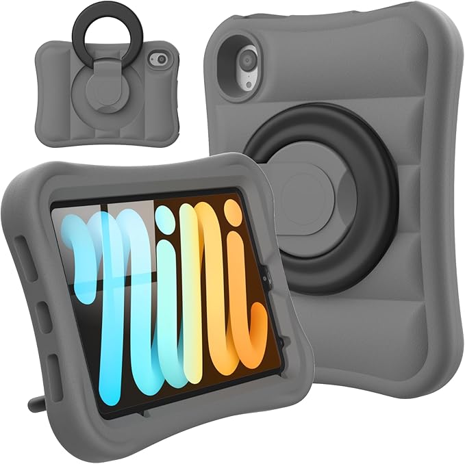 Kids Case for iPad mini 7 (A17 Pro) 2024 / Mini 6th Gen 2021 8.3 inch – Lightweight Flexible Shockproof Rotating Stand Handle Rugged Cover for iPad mini 7th 6 Generation Girls Boys, Grey Black