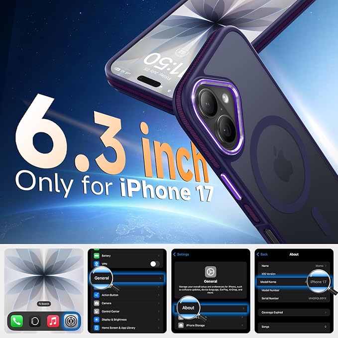 Magnetic 3 in 1 for iPhone 17 Case, [Omni-Directional Protection] with 1x Screen Protector + 1x Camera Cover, [Seamless Work with Magsafe] Translucent Protective Silm Phone Case for iPhone 17 Purple