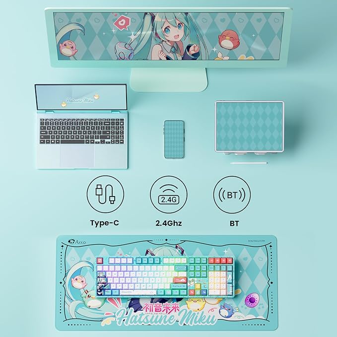 Akko Wireless Gaming Keyboard 5108B Plus Full Size Keyboard Hatsune Miku Hot-Swappable Tri-Mode Mechanical Keyboard RGB Backlight, Piano Pre Lubed Switch
