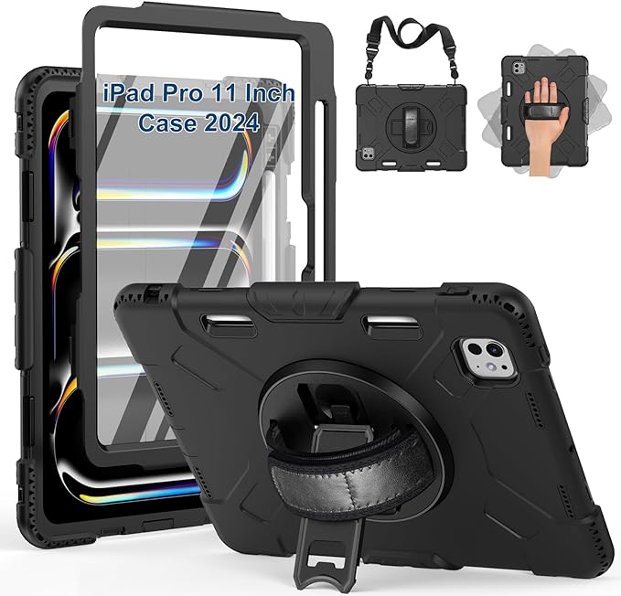 SUPFIVES 2024 iPad Pro 11 Inch Case M4 (5th Generation), with Screen Protector/Shoulder Strap/Pencil Holder/Handle/Rotating Stand, Black