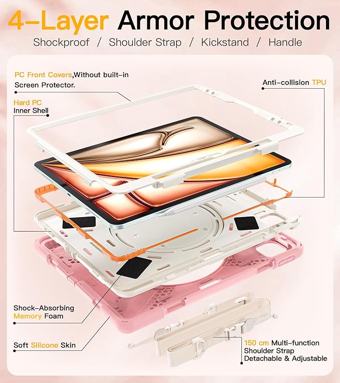 BRAECN for iPad Air 13 Kids Case M4 2026/M3 2025/M2 2024 & iPad Pro 12.9 Case (6th/5th4th/3rd Gen), Heavy Duty Silicone Cover with 360 Swivel Ring Kickstand/Shoulder Strap/Pencil Holder, Sakura Pink